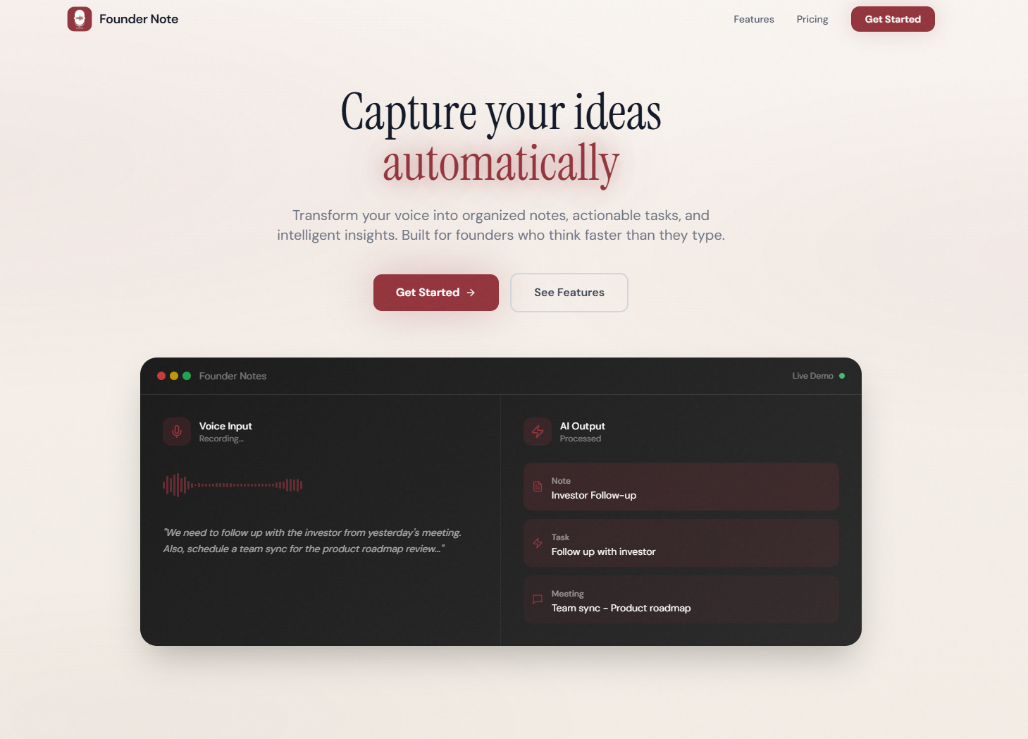 Founder Note - Main product screenshot demonstrating key features and user interface
