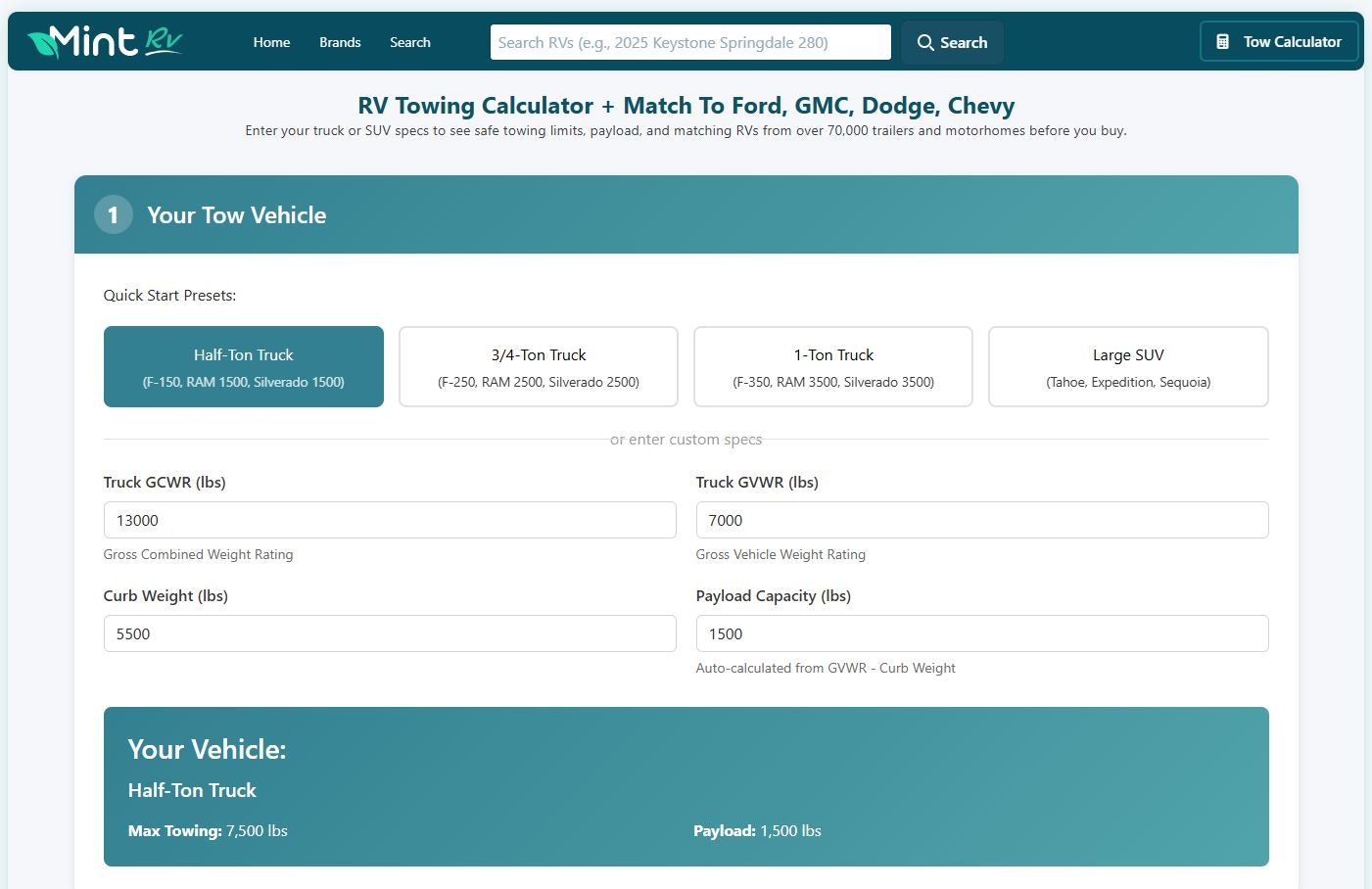MintRV Visual Towing Calculator gallery image