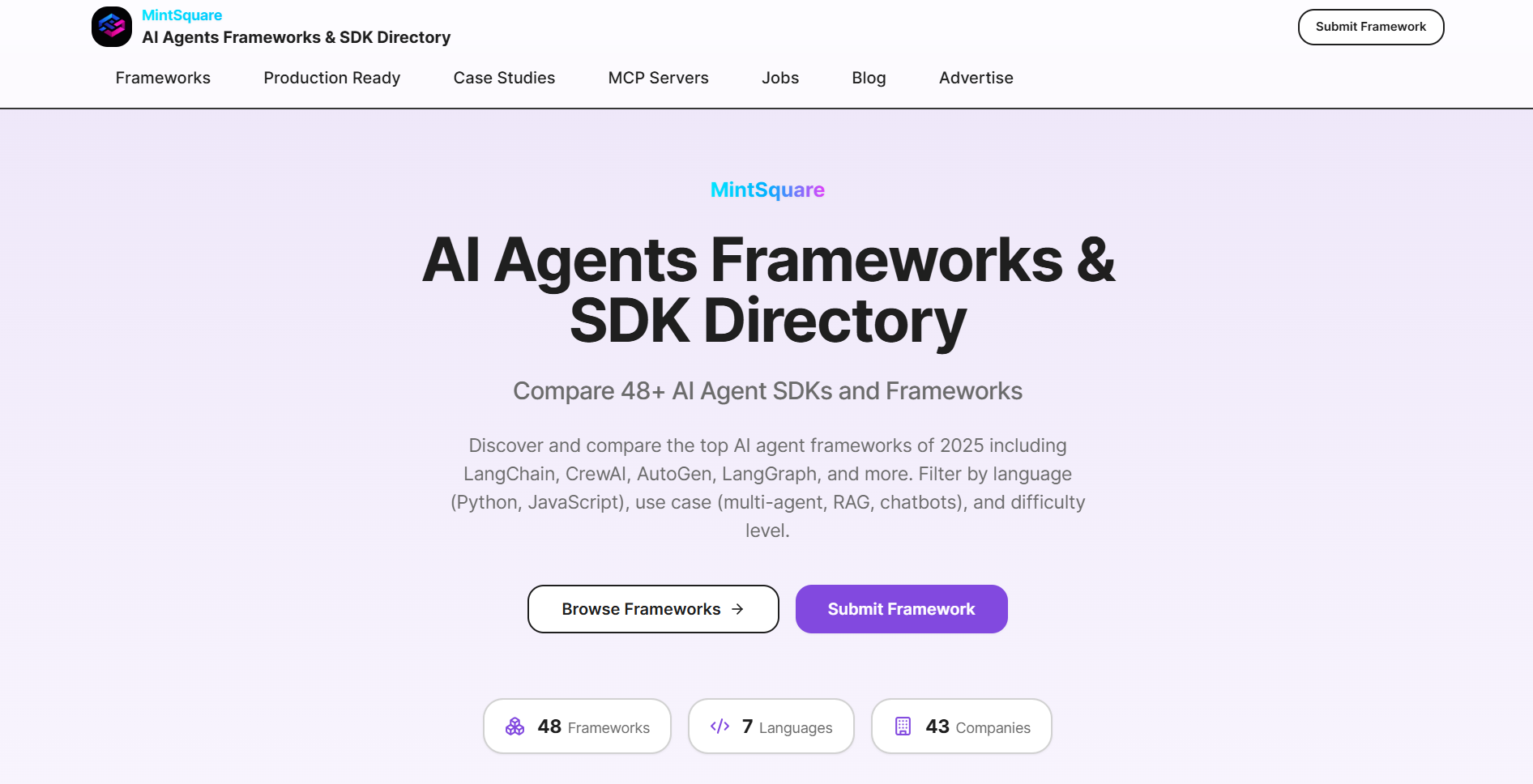 AI Agent Frameworks & SDK Directory - Main product screenshot demonstrating key features and user interface