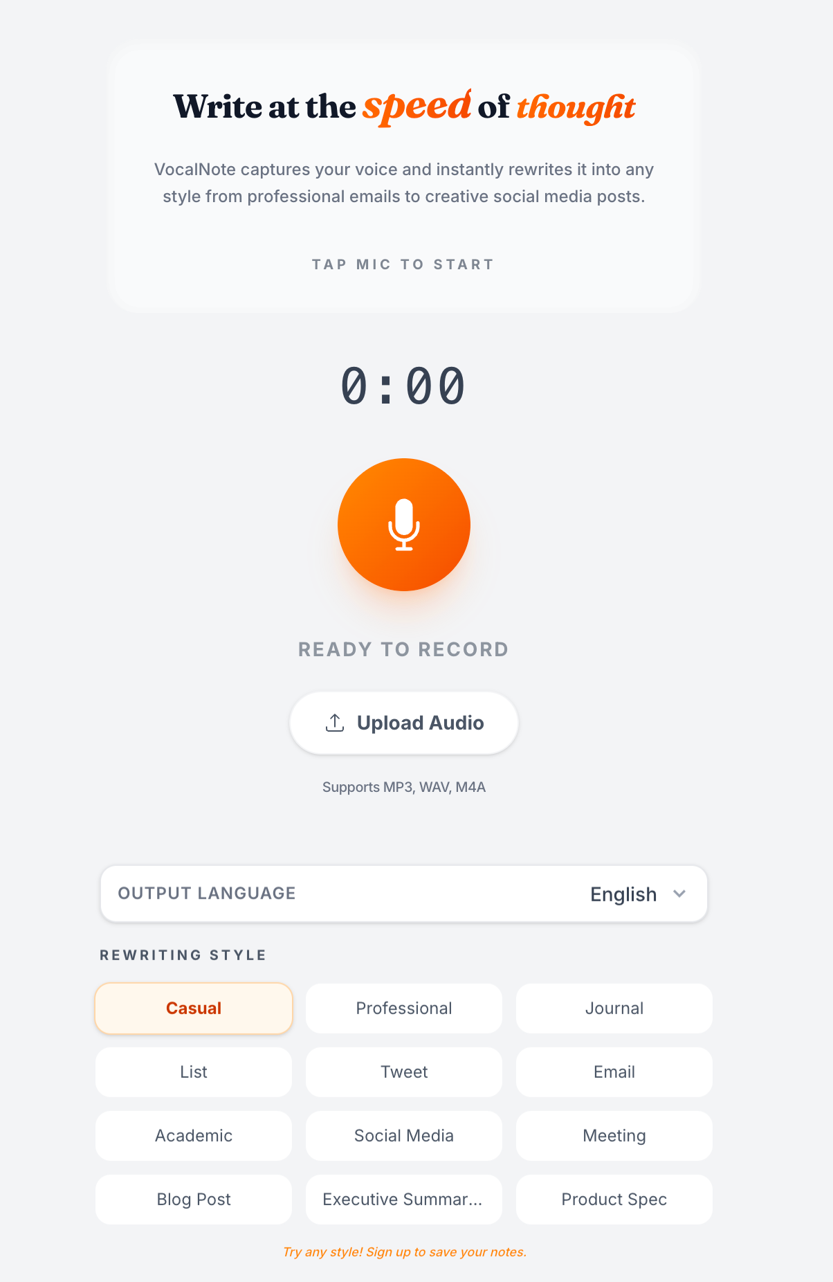VocalNote - Main product screenshot demonstrating key features and user interface