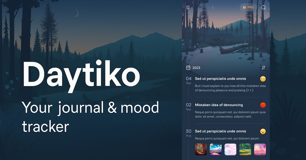 Daytiko Diary - Journal and Mood Tracker - Main product screenshot demonstrating key features and user interface