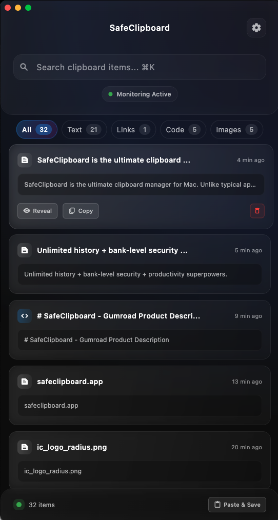 Safeclipboard beveiligd klembord voor macOS - Onbeperkte geschiedenis, vergrendelingsbeveiliging, productiviteitsonderdelen. media 4