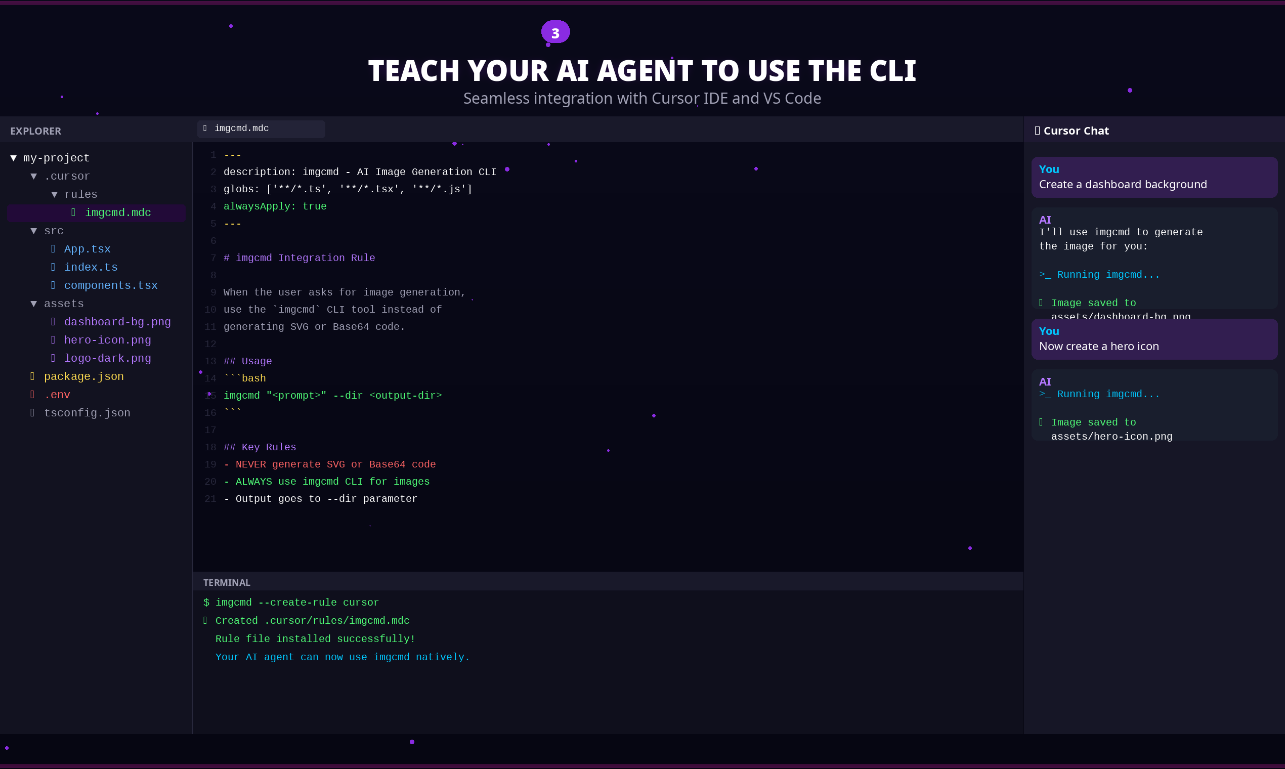 Cursor IDE 내에서 AI 에이전트에게 imgcmd 사용법을 가르치는 설정 파일과 채팅 인터페이스이다.