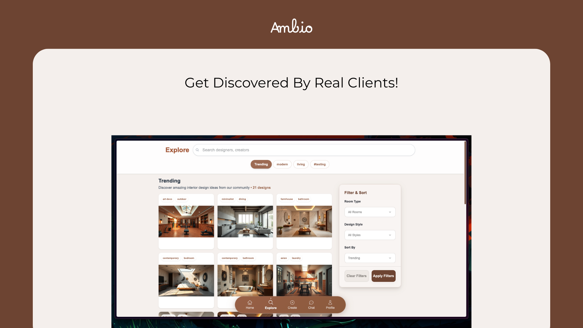 AMBIO: इंटीरियर डिज़ाइन डिस्कवरी - इंटीरियर डिजाइनरों को दिखाने, कनेक्ट करने और बढ़ने के लिए डिज़ाइन किया गया। मीडिया 5
