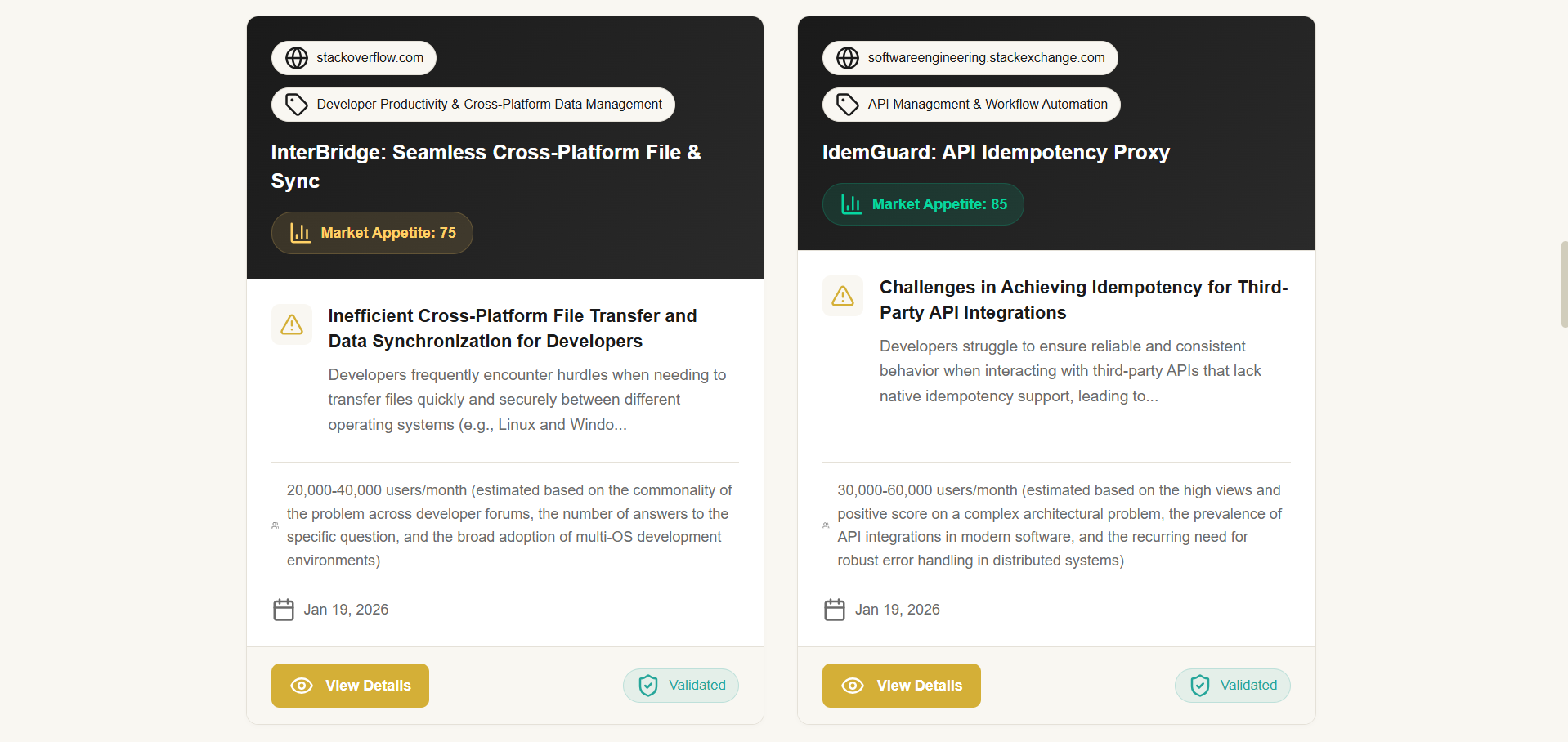 Daily validated SaaS ideas - Main product screenshot demonstrating key features and user interface