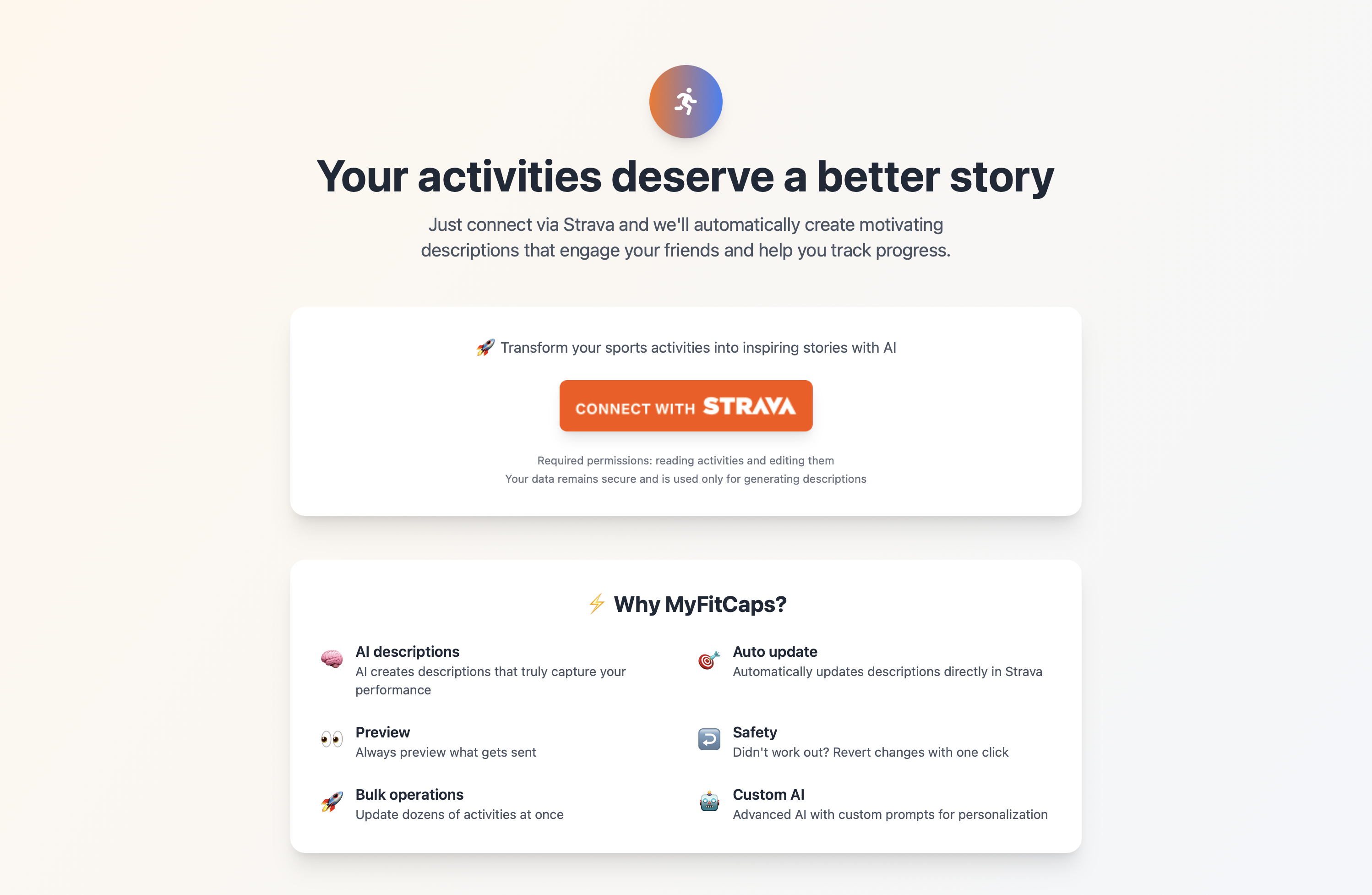 myfitcaps.com - AI description generator - Main screenshot showing features and interface