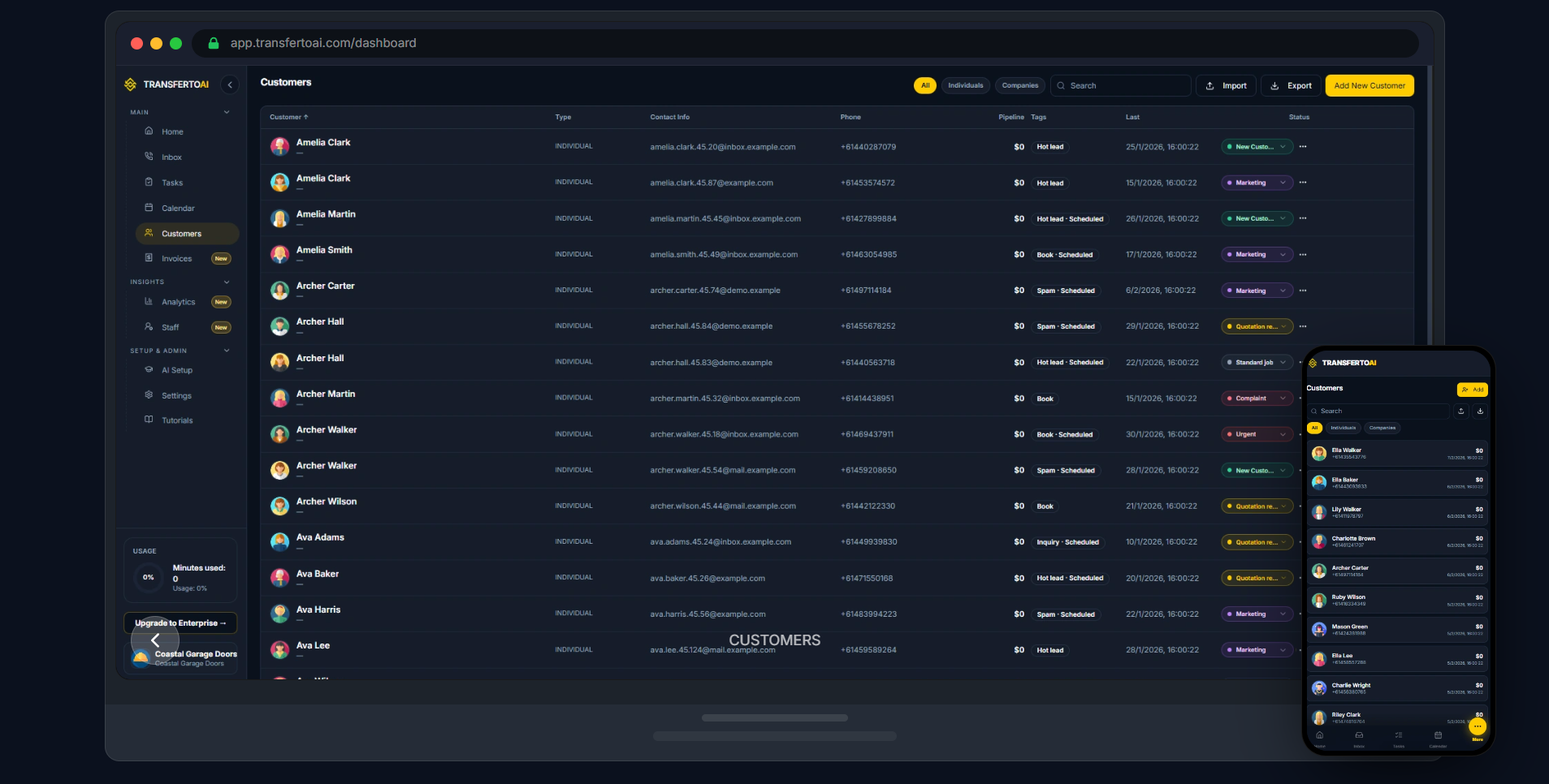 TransferToAI | Australia AI Receptionist - Main product screenshot demonstrating key features and user interface