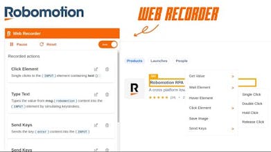 Robomotion Web Recorder インターフェースには、アクションの記録機能が表示されています。