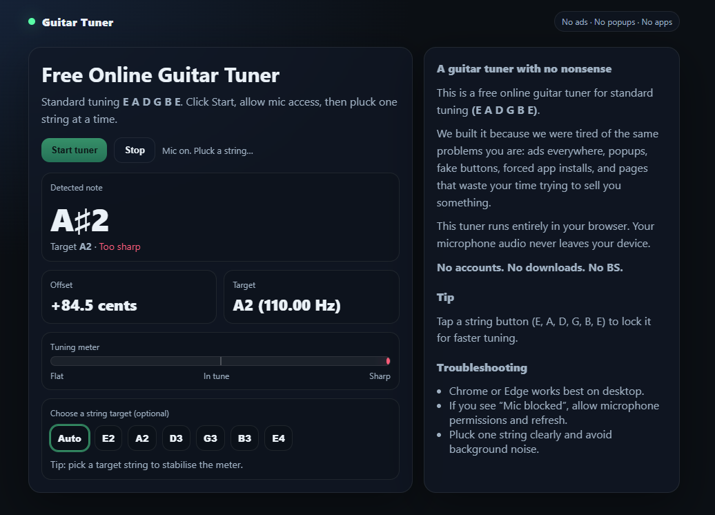 Free Guitar Tuner Online - Main product screenshot demonstrating key features and user interface