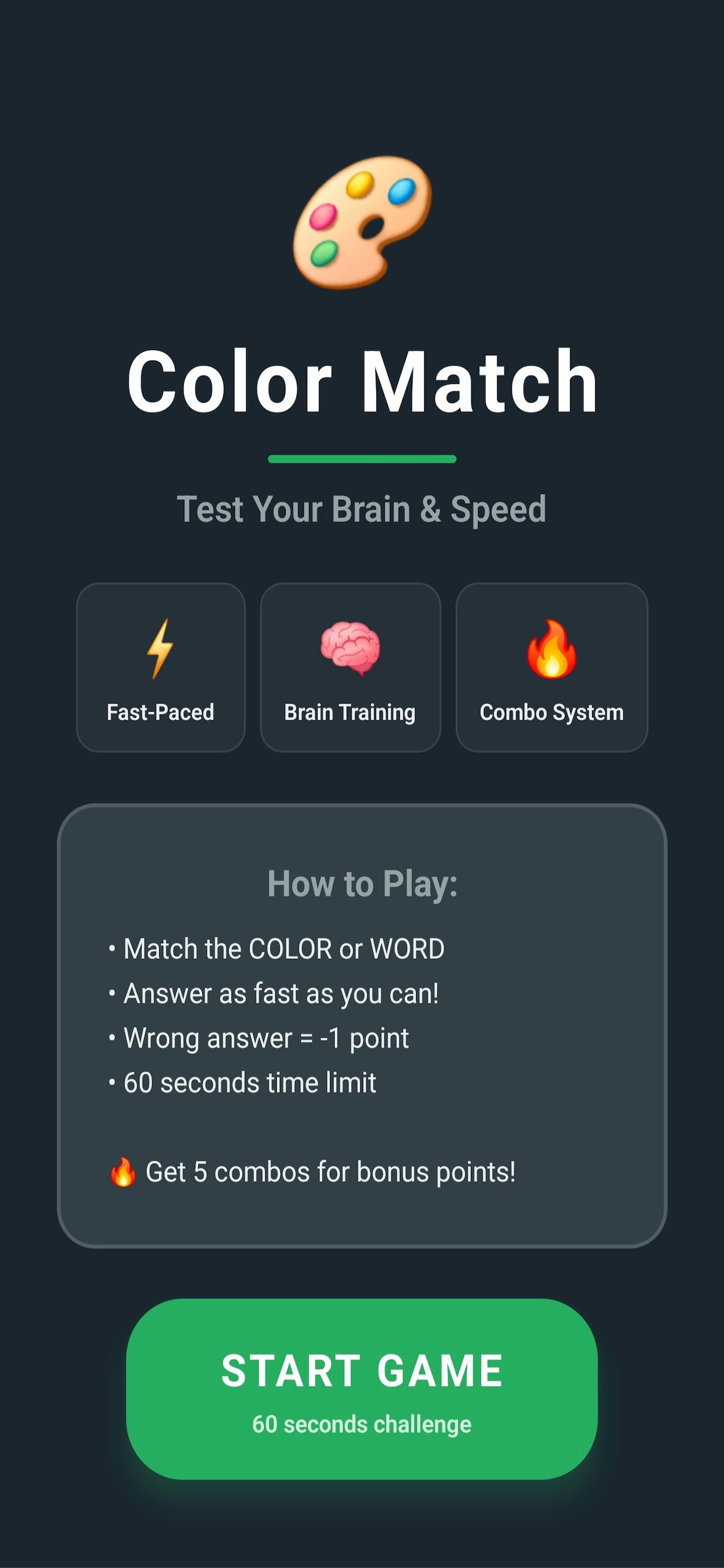 Color Match Game - Brain Quest - Main screenshot showing features and interface
