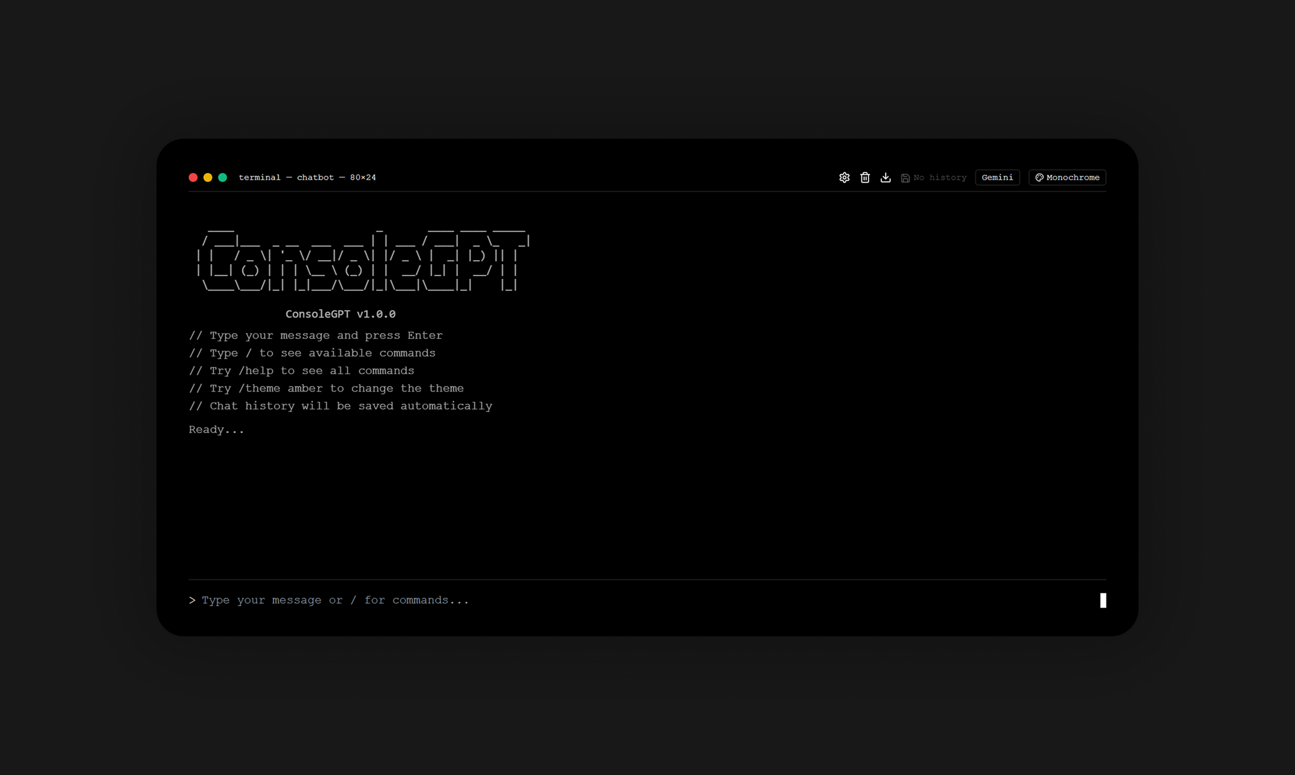Consolegpt - Een chatgpt-kloon met retro-thema met een minimalistische console-gebruikersinterface media 4