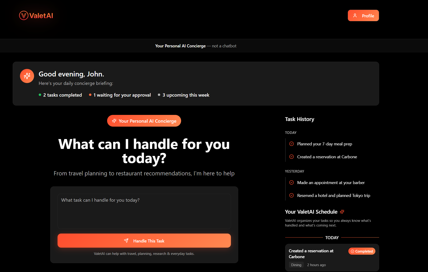 ValetAI - Main product screenshot demonstrating key features and user interface