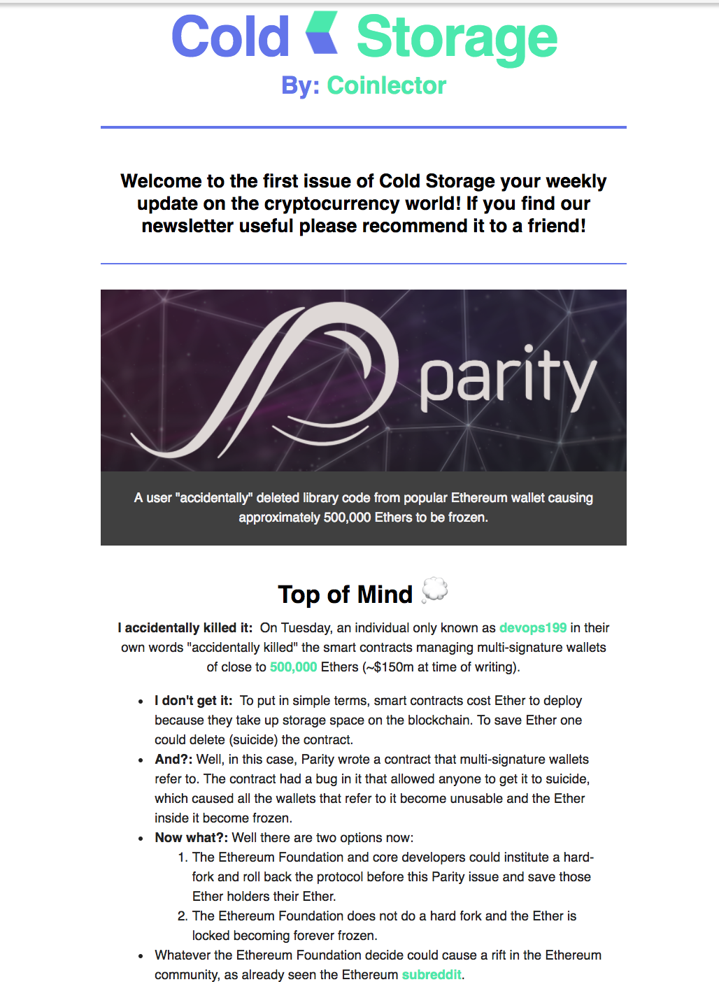Cold Storage Cryptocurrency Newsletter gallery image