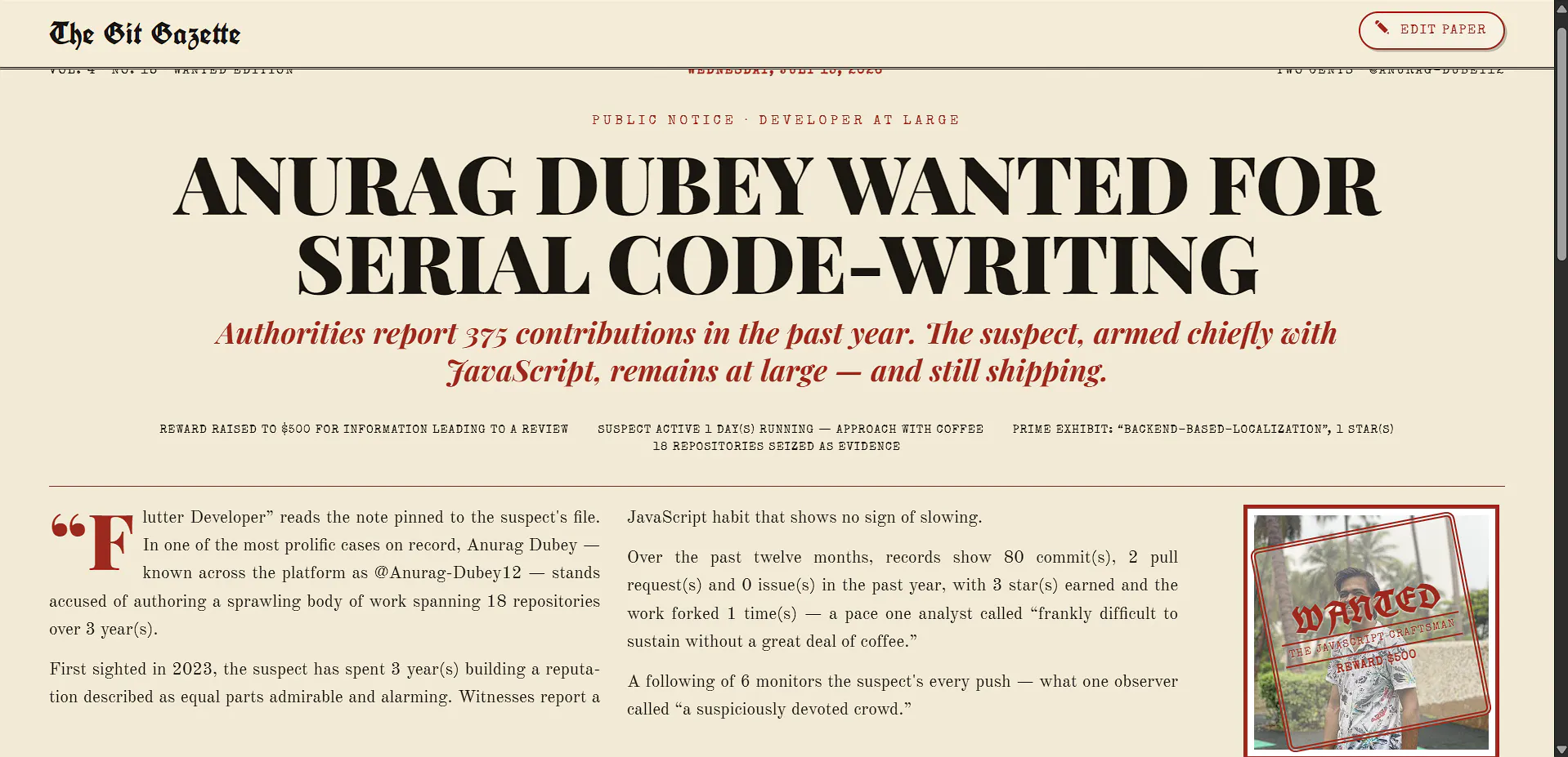 The Git Gazette — Any GitHub, Printed gallery image