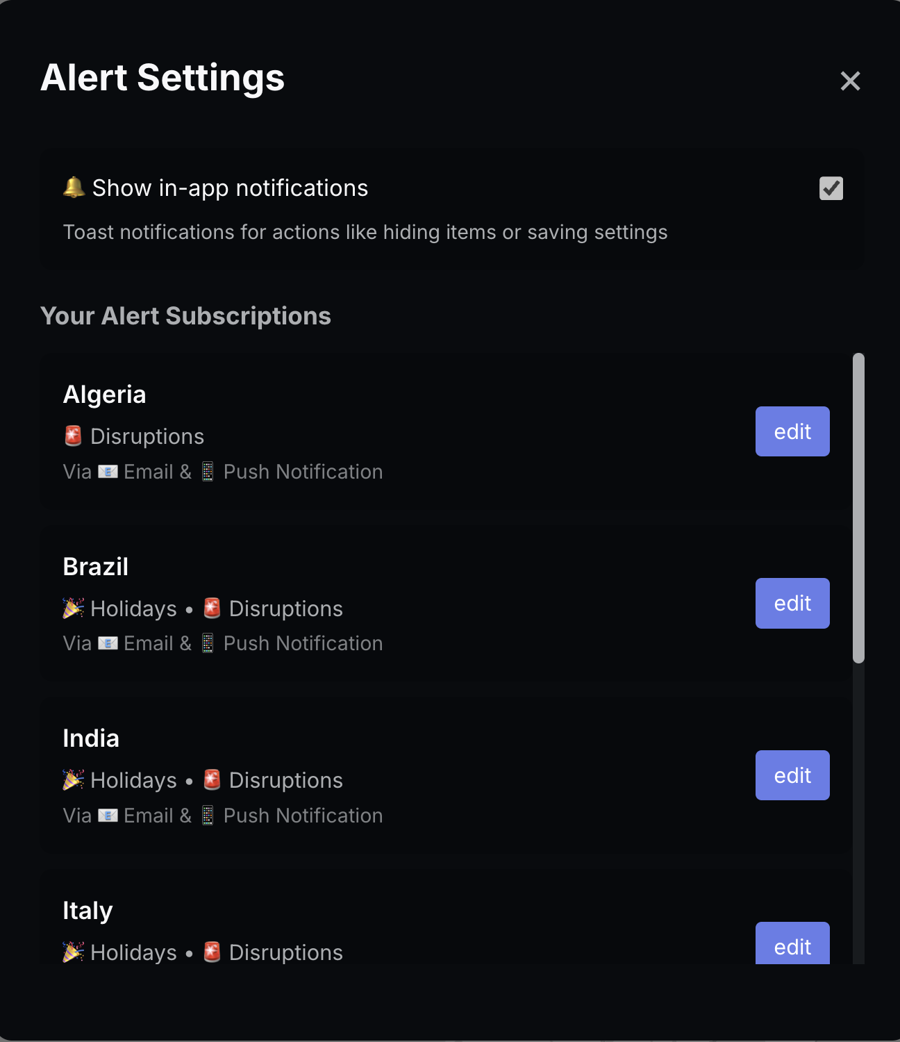 Mídia 3 de Alarms.Global - Interrupções no transporte ao vivo e feriados em todo o mundo