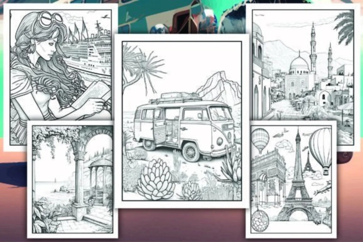 Pagine di libri da colorare di viaggio per adulti - 100 pacco da colorare da viaggio per adulto media 1