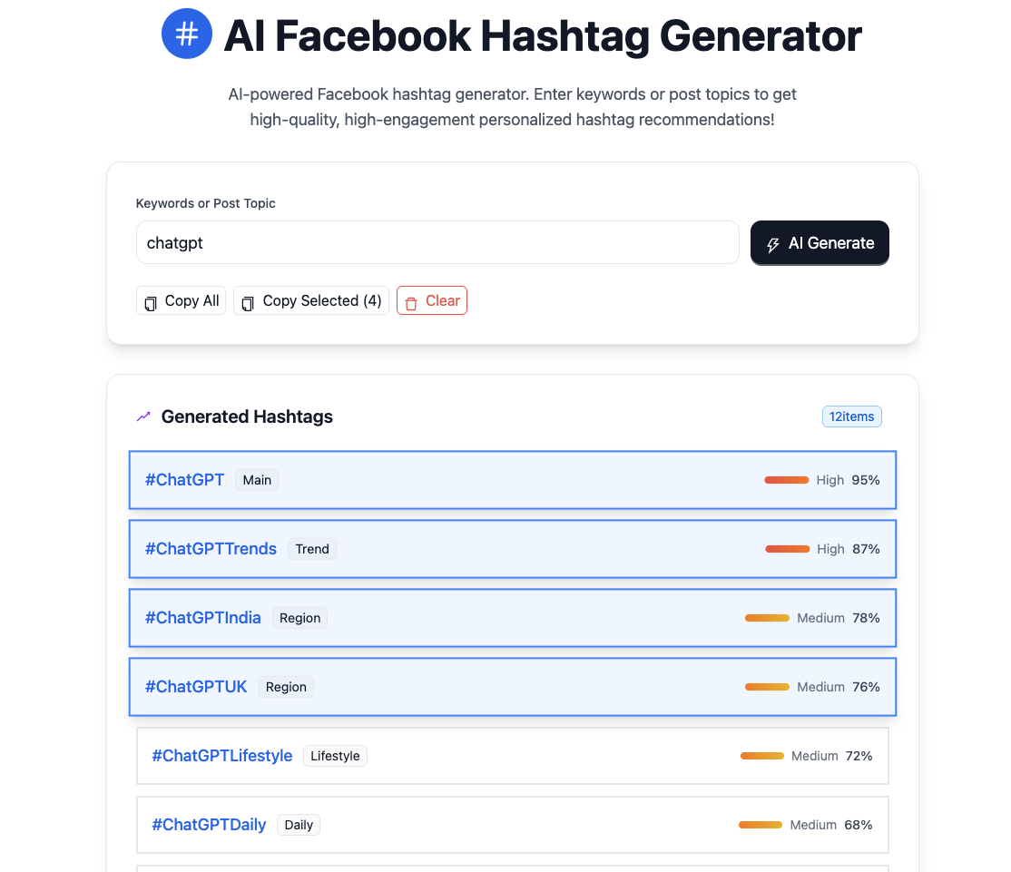Media Công cụ máy phát AI hashtag của Facebook - Tạo hashtag xu hướng ngay lập tức cho các bài đăng trên Facebook 2