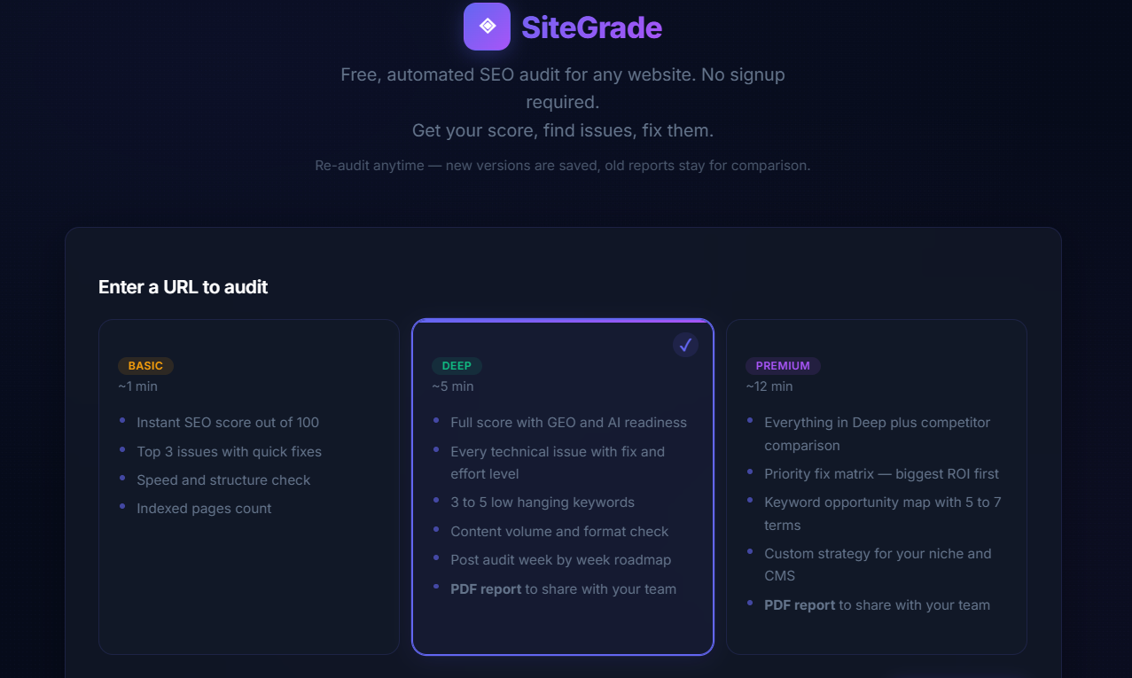 SiteGrade - Free SEO Audit Tool gallery image