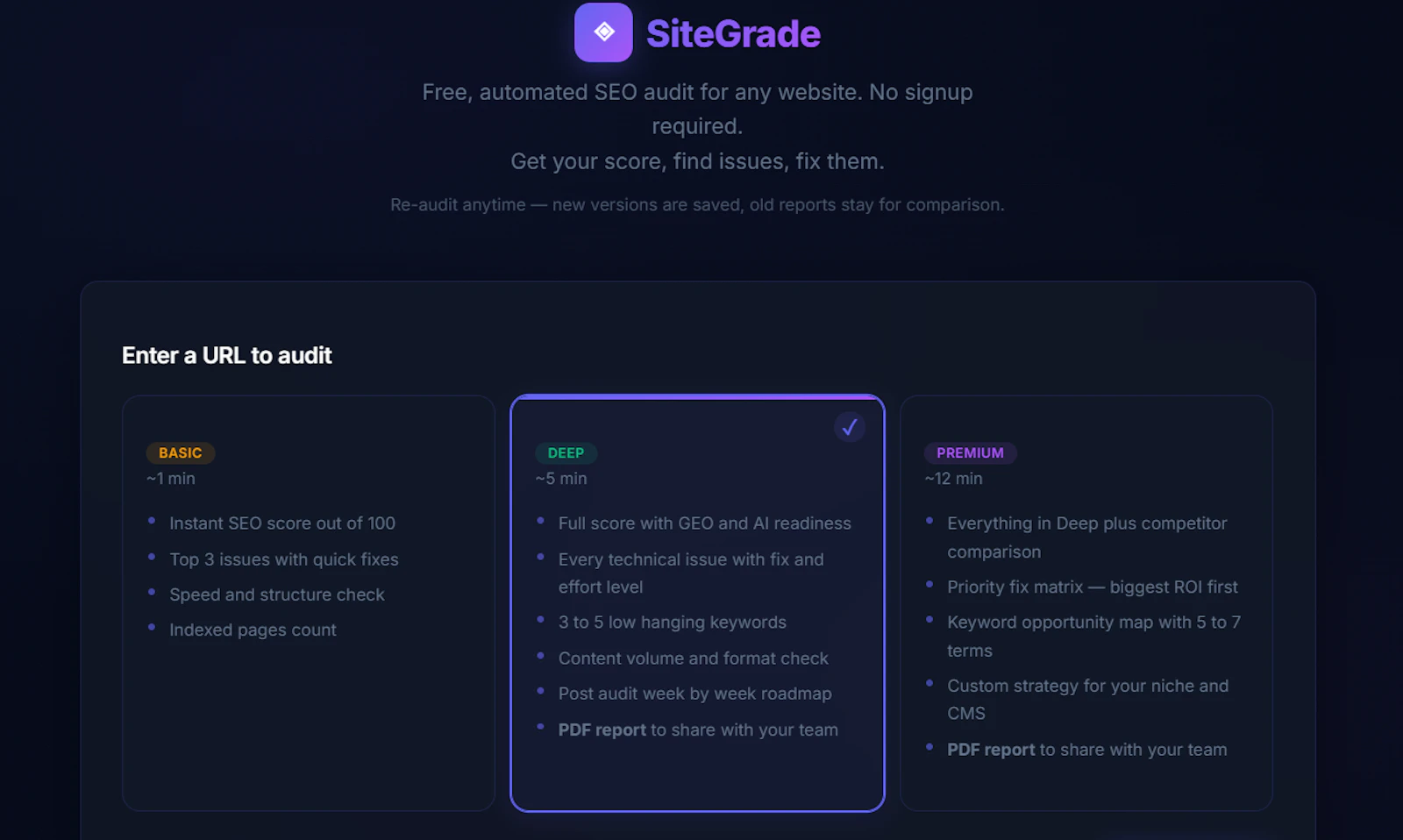SiteGrade - Free SEO Audit Tool screenshot 1