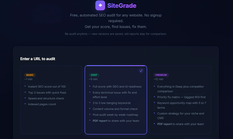 SiteGrade - Free SEO Audit Tool screenshot 1