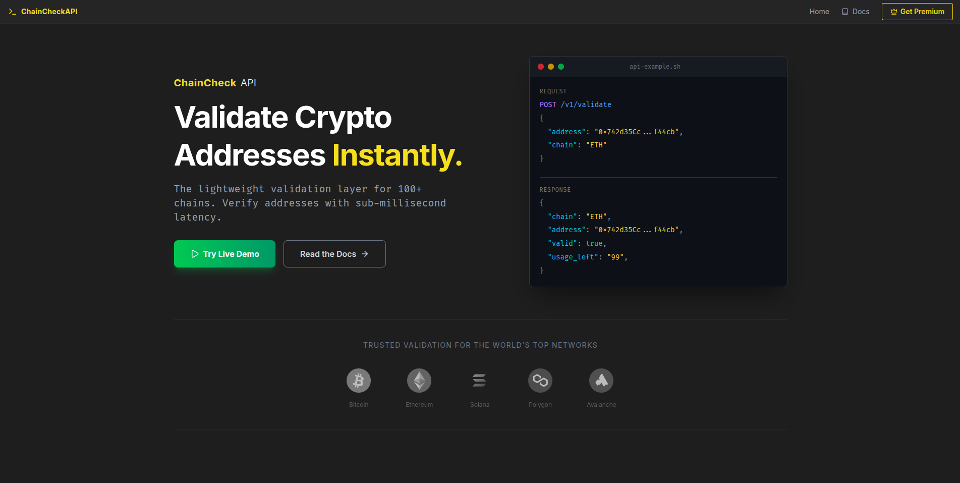 ChainCheck API - Main product screenshot demonstrating key features and user interface