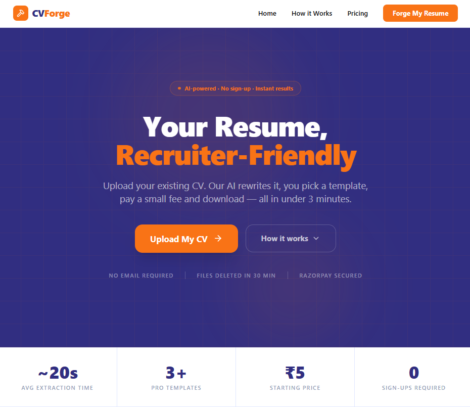 CVForge - Main product screenshot demonstrating key features and user interface