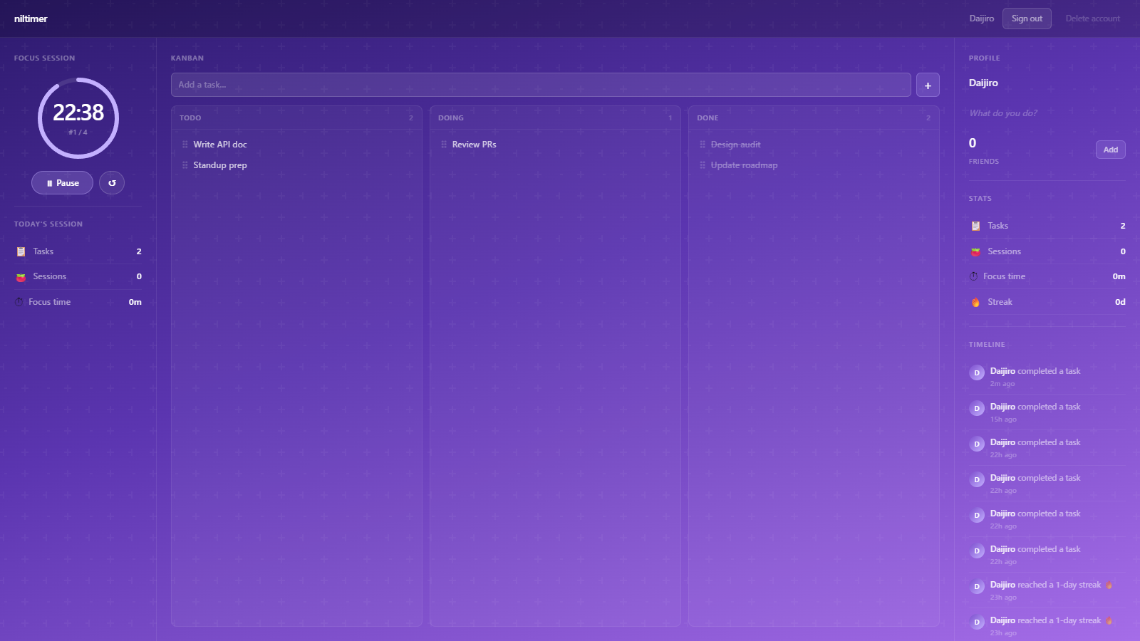 niltimer — Kanban · Pomodoro · Social gallery image
