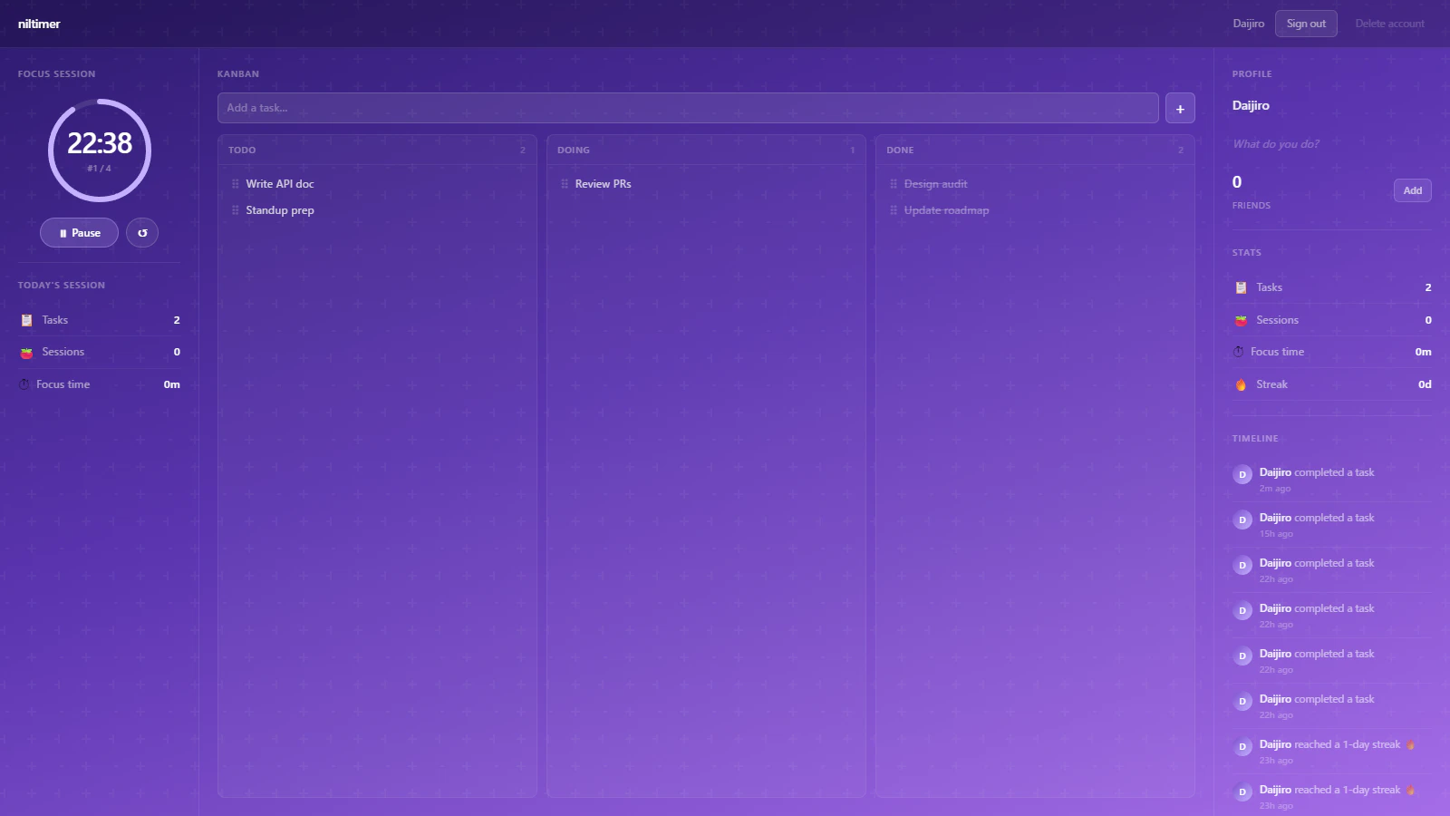 niltimer — Kanban· Pomodoro · Social screenshot 1