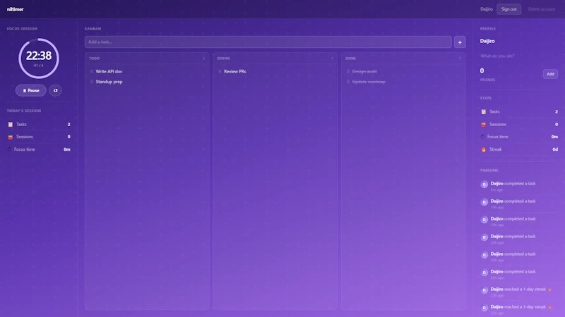 niltimer — Kanban· Pomodoro · Social screenshot 1