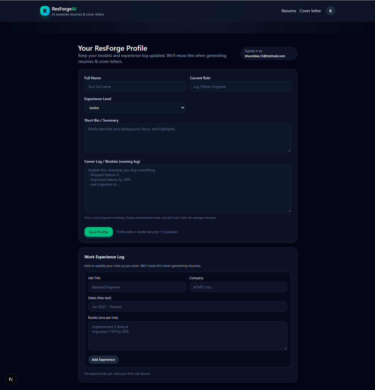 ResForge - AI Resume & Cover Letter - Main product screenshot demonstrating key features and user interface