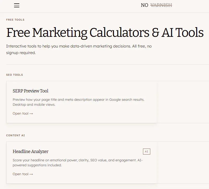 No Varnish Free Marketing Tool Suite gallery image