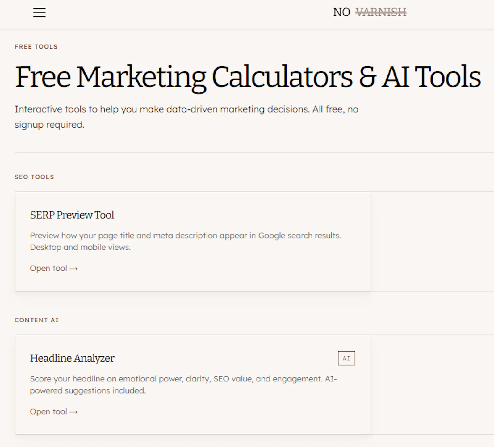 No Varnish Free Marketing Tool Suite screenshot 1