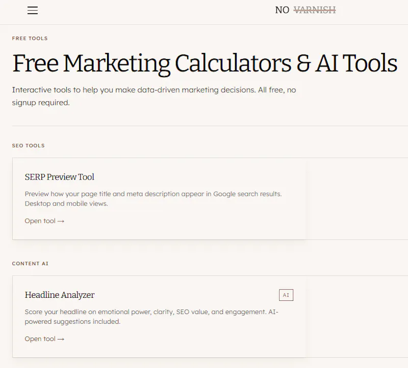 No Varnish Free Marketing Tool Suite screenshot 1