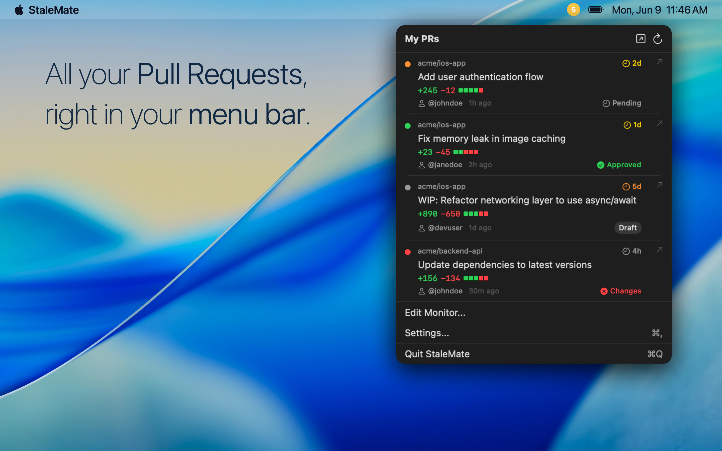 startuptile StaleMate PR-Your menu bar turns red when PRs pile up