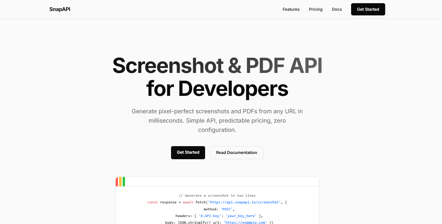 SnapAPI - Main product screenshot demonstrating key features and user interface