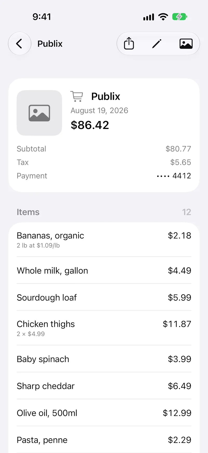 Receipts screenshot 2