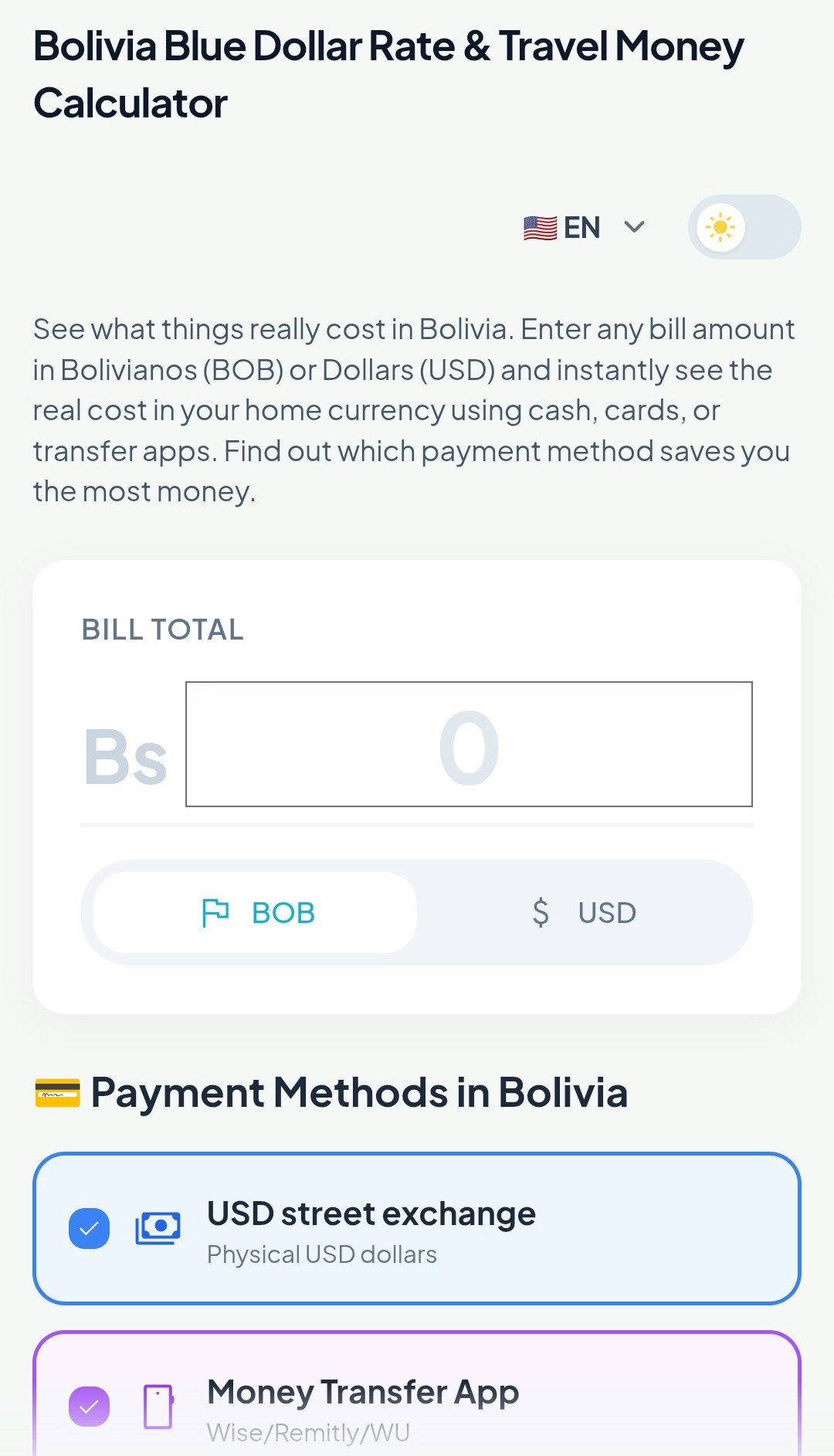 Bolivia Travel Money Calculator - Screenshot 3 showing product features and functionality