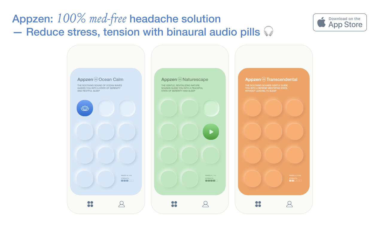 Mídia 1 de Appzen: solução de dor de cabeça 100% sem medicamentos - Reduza o estresse, tensão com pílulas de áudio binaural 🎧