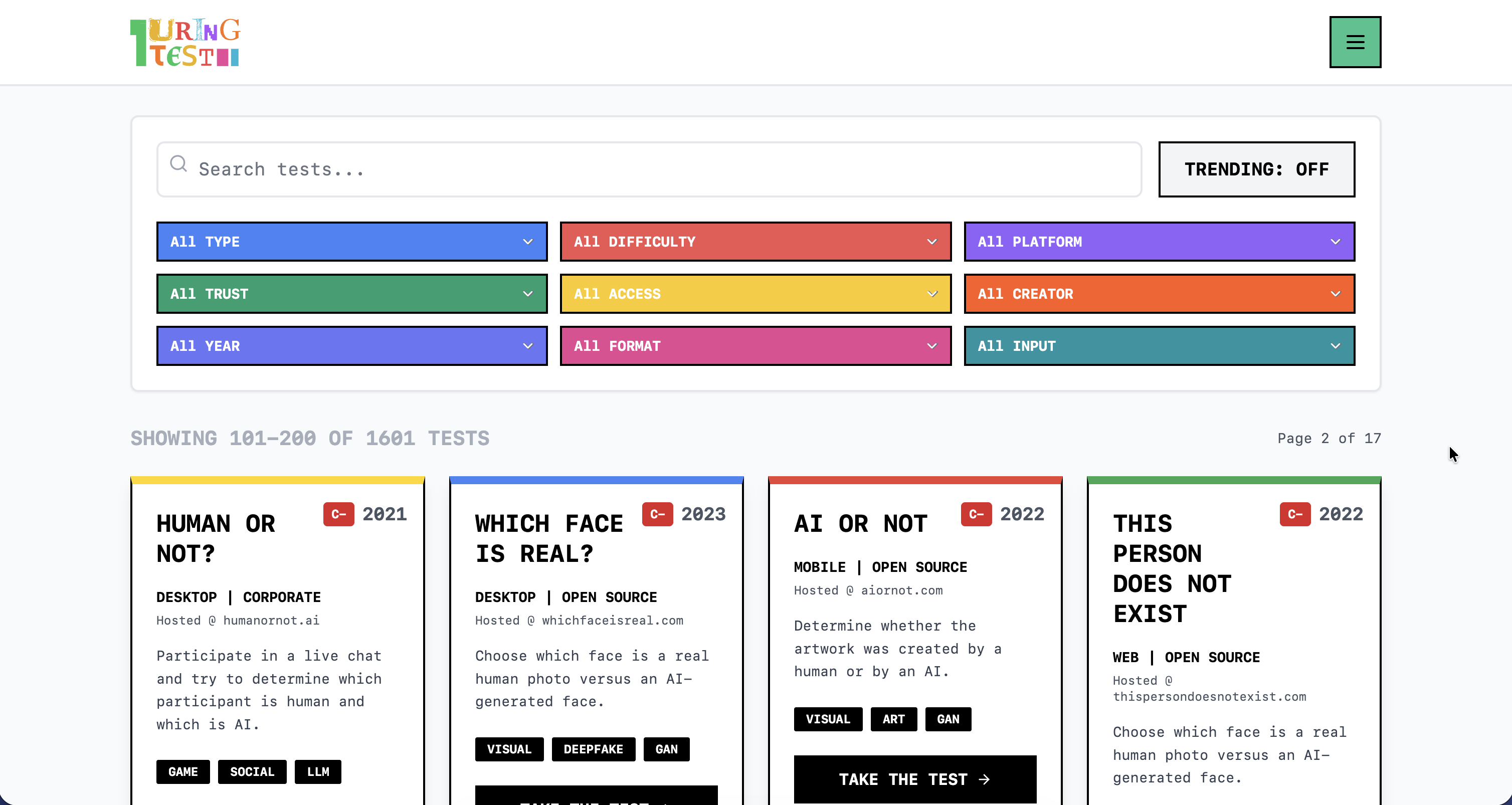 TuringTest Directory - Main product screenshot demonstrating key features and user interface