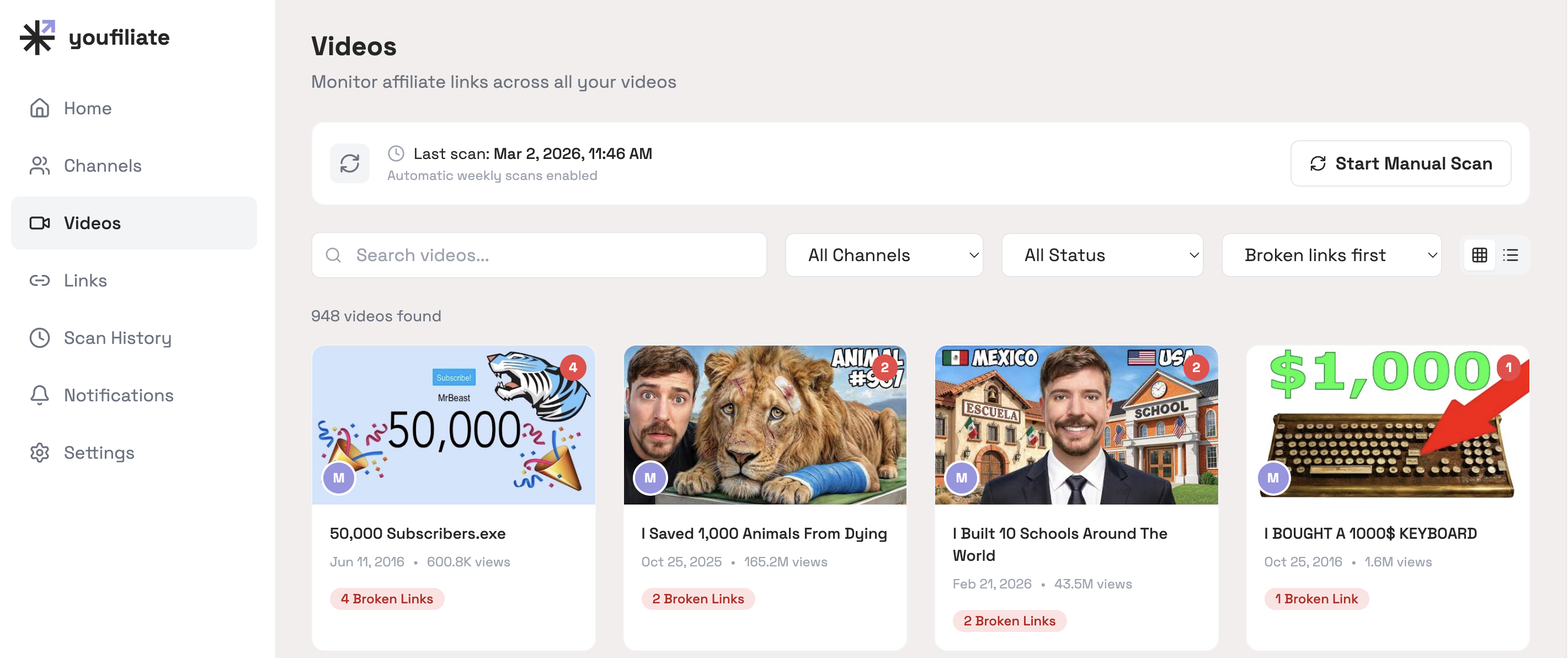 Youfiliate: Fix Dead YouTube Links - Screenshot 2 showing product features and functionality