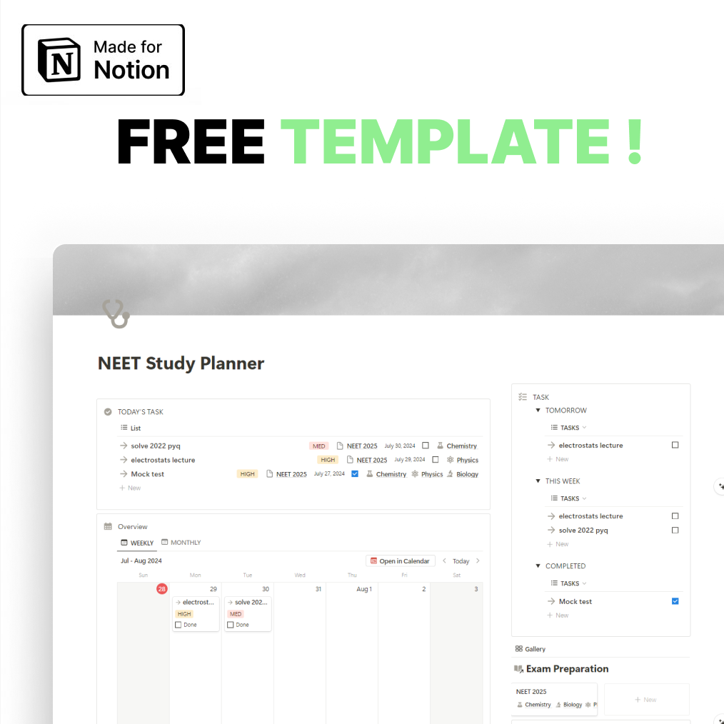 Neet Study Planner Notion Dashboard