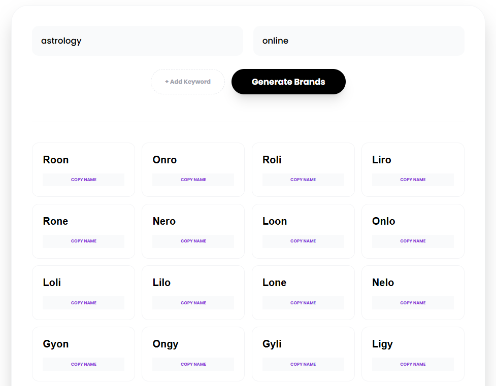 Startup Name Generator  - Main product screenshot demonstrating key features and user interface