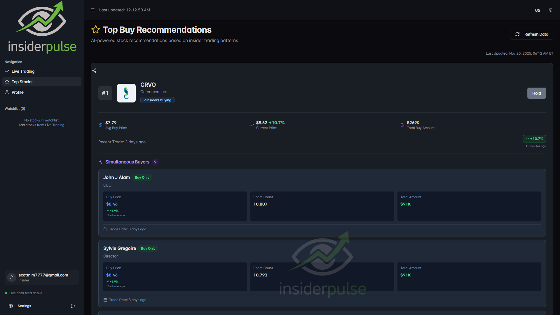 InsiderPulse - Main product screenshot demonstrating key features and user interface