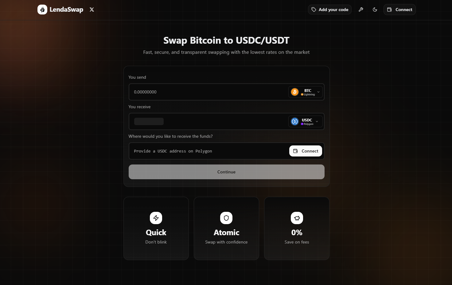 LendaSwap - Main screenshot showing features and interface