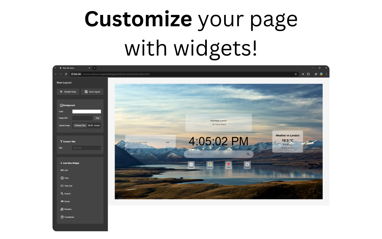 Média Onglet Tailor - Personnalisez votre nouvelle page d'onglet avec des widgets, des outils et plus encore 2