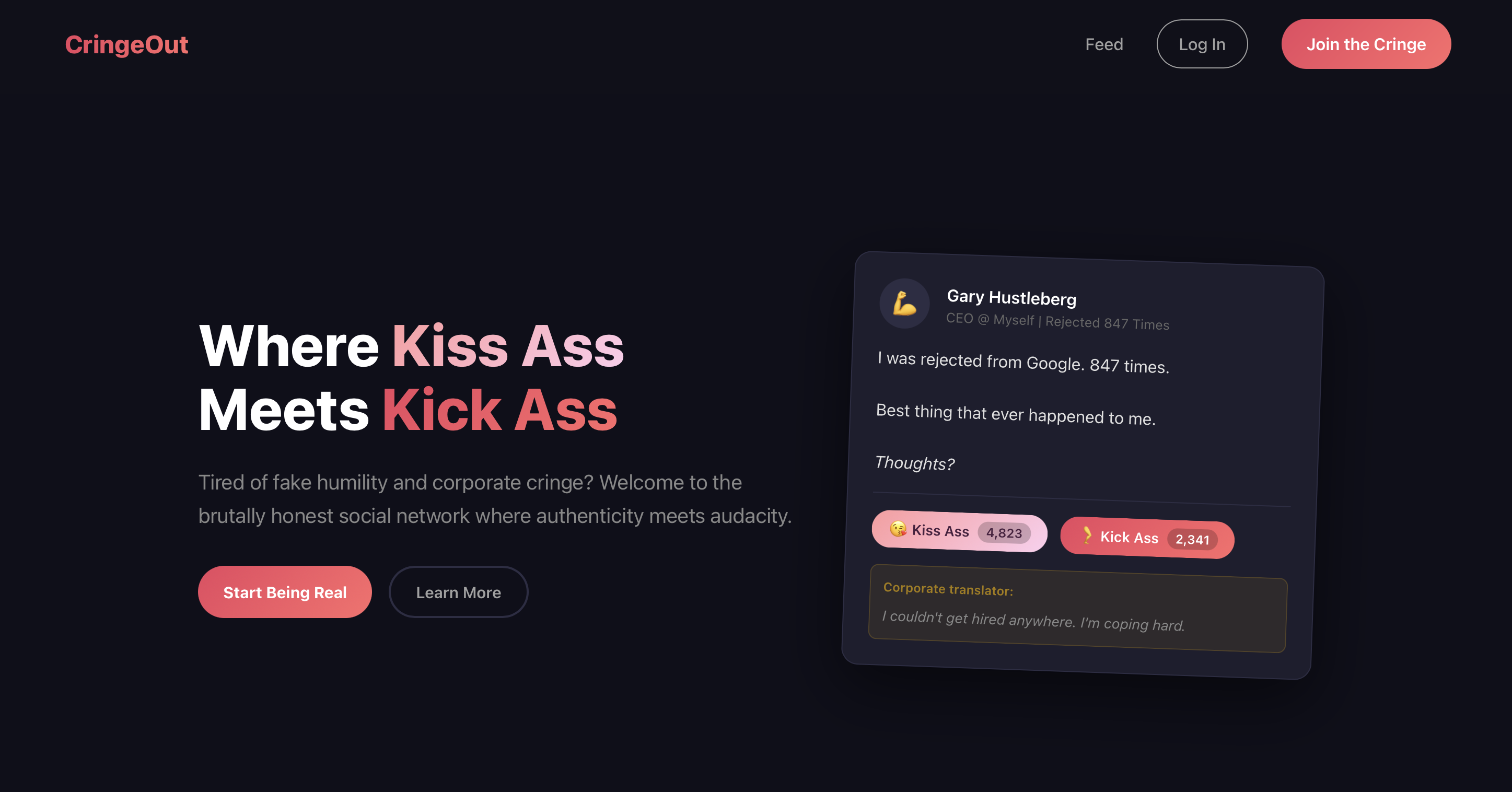 CringeOut.com - Social Network - Main product screenshot demonstrating key features and user interface