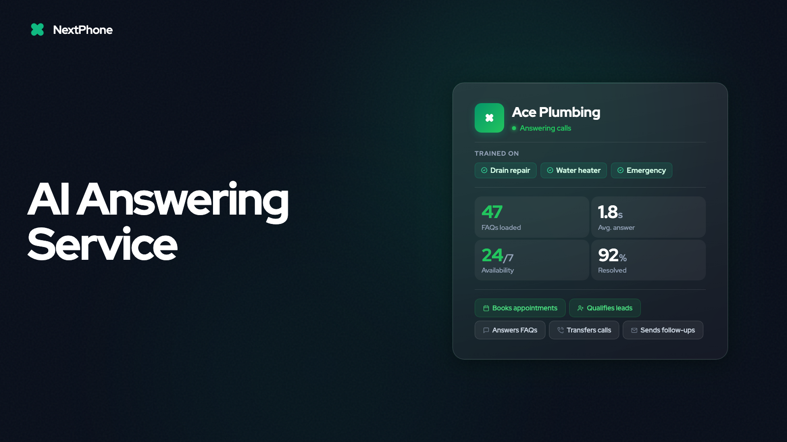 NextPhone - AI Answering Service - Main product screenshot demonstrating key features and user interface