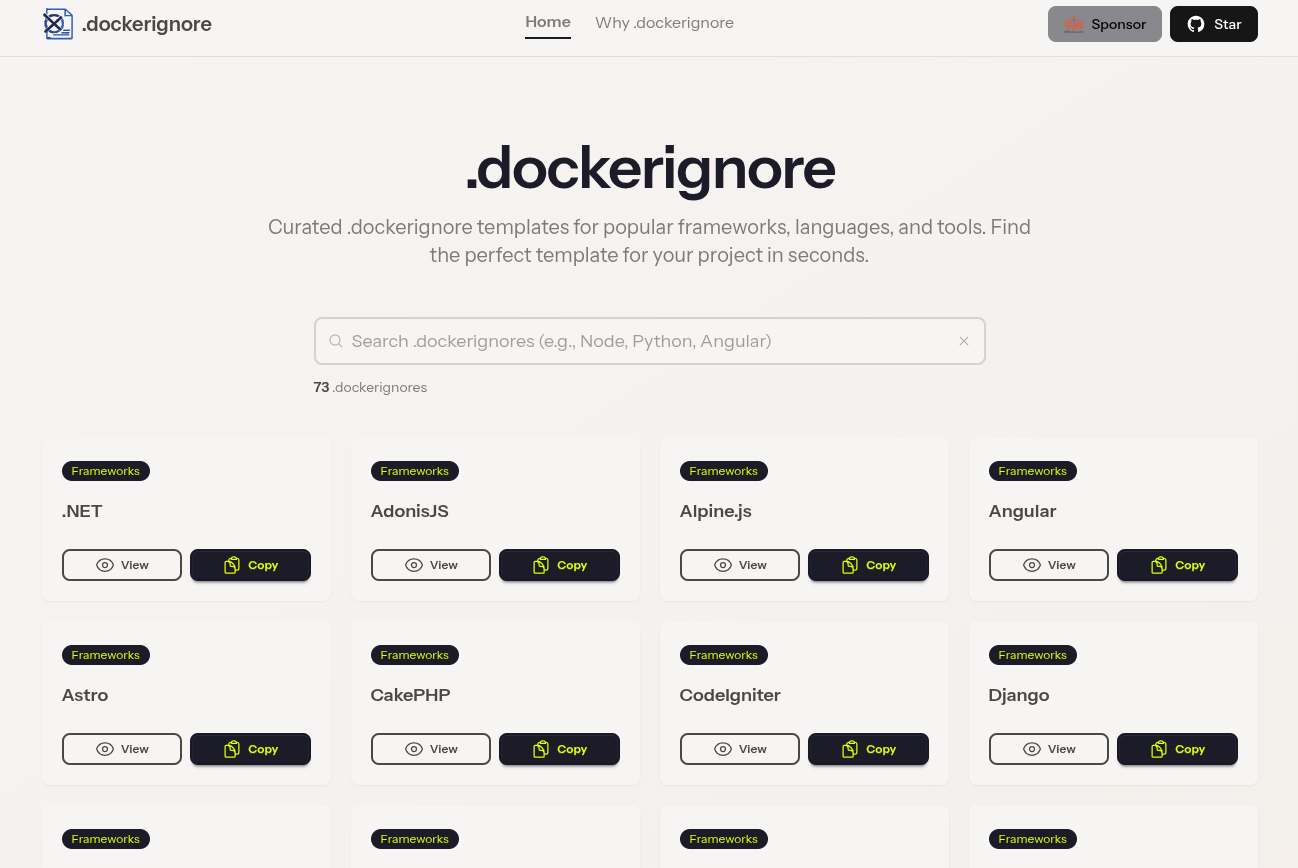Instant curated .dockerignore templates - Main product screenshot demonstrating key features and user interface