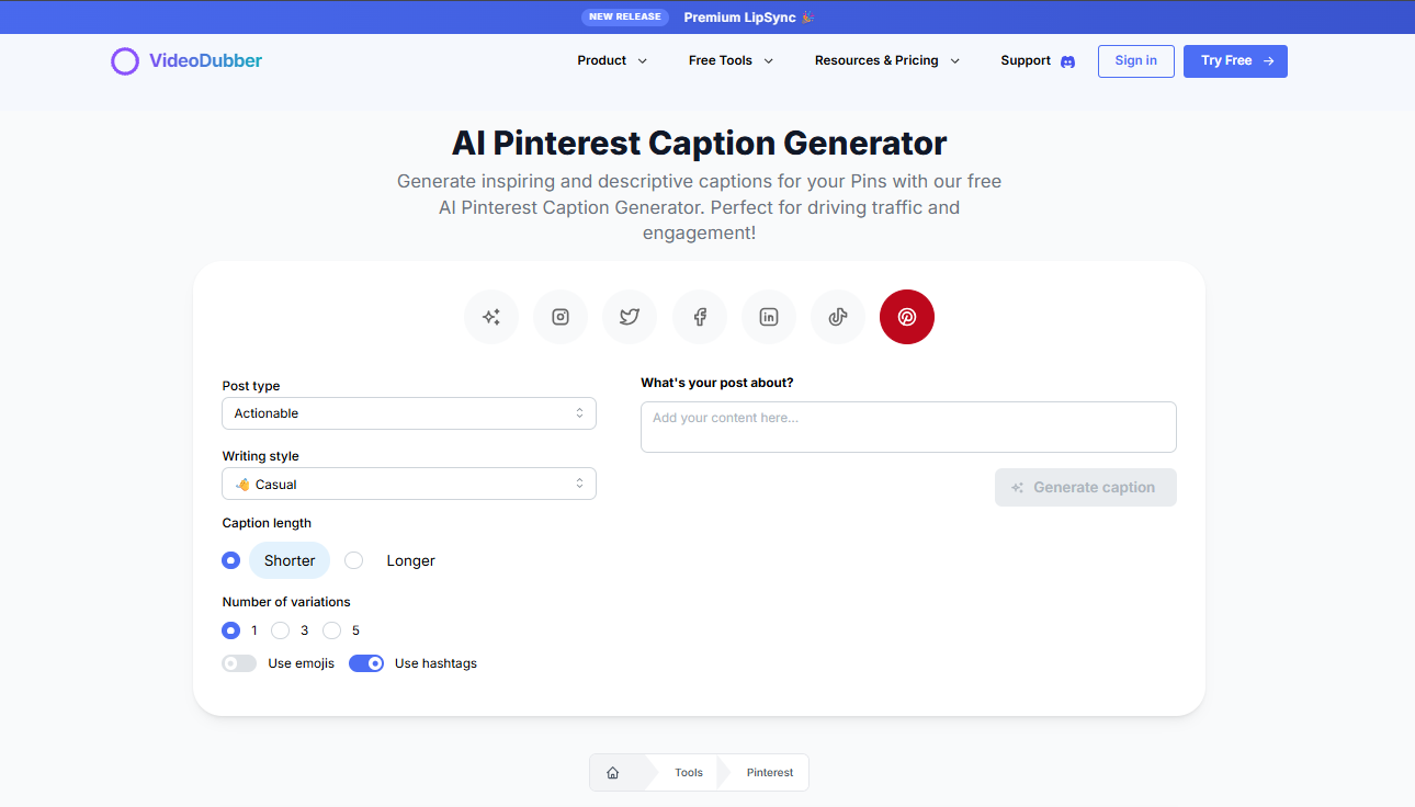 Pinterest Altyazı Jeneratörü - Ücretsiz PIN Açıklamaları |VideoDubber.ai medya 2