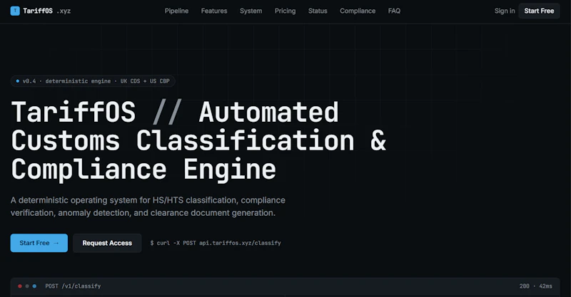 TariffOS Customs compliance engine screenshot 1